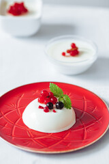 Panna Cotta with strawberry toping and mint leaves on a red decorateive plate 