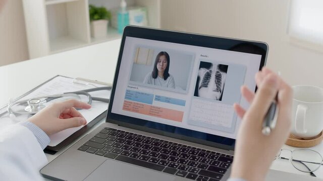 Webcam online screen of asia sick people or patient remote consult in telehealth hotline telemedicine help contact app talk and listen advice from clinic in office pain, social depress or covid exam.