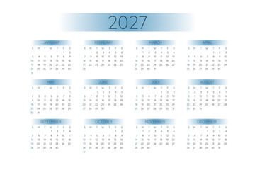 2027 pocket calendar template in strict minimalistic style with blue gradient elements, horizontal format. Week starts on Sunday