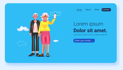 senior couple standing together man woman in casual clothes using smartphone full length