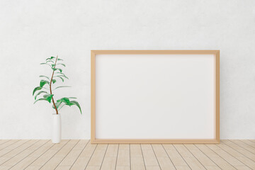 Fototapeta na wymiar 白い花瓶に植えられた緑の観葉植物。白い壁。木で作られた縦向きのA4、A3サイズの額縁。3Dレンダリング。イラスト。