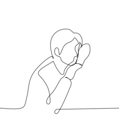 man put his head down on folded hands - one line drawing. the concept of daydreaming, procrastination