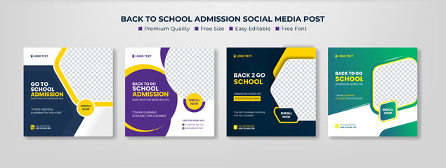 School Admission social media post, Back to school admission social media post, promotional discount banner template design. Back to School admission by social media Instagram, Facebook post kit, 