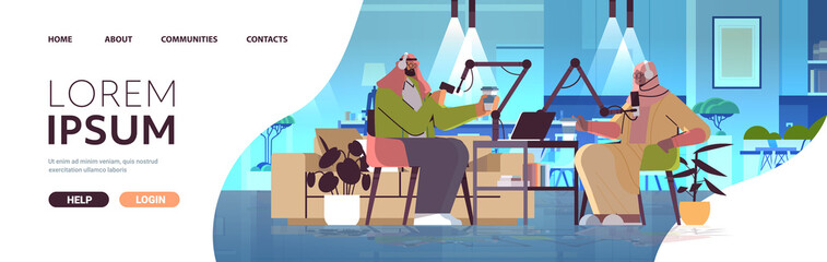 Fototapeta premium arab podcasters talking to microphones recording podcast in studio podcasting online radio broadcasting concept