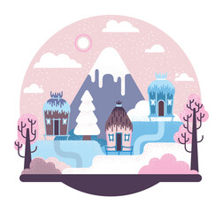 Fototapeta na wymiar Thatched stilt prehistoric houses. Hills, mountains and trees covered with snow. Vector cartoon illustration in flat stile 
