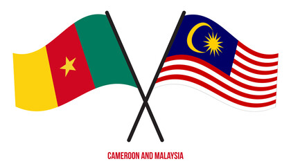 Cameroon and Malaysia Flags Crossed And Waving Flat Style. Official Proportion. Correct Colors.