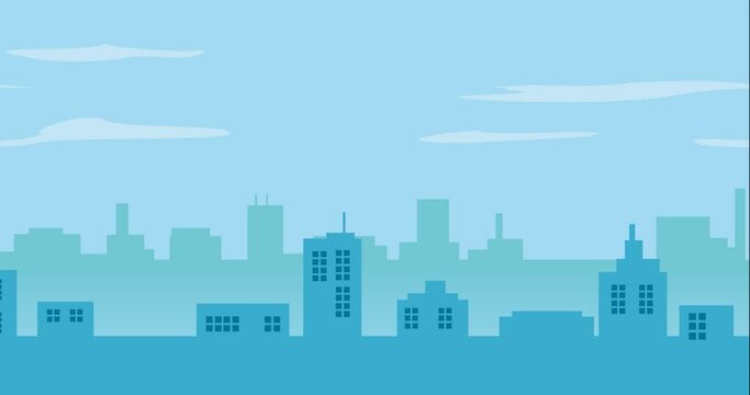 the warm light blue shades of urban buildings in an animated video that repeats endlessly