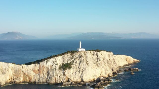 Aerial view of Cape of Ducato lighthouse in Lefkada island- Greece