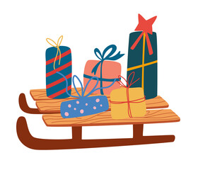 Sleigh with gifts. Banner with Santa Sleigh. Gifts present boxes. Merry Christmas, happy new year, holiday, celebration concept, greeting card. Vector illustration isolated on white background.