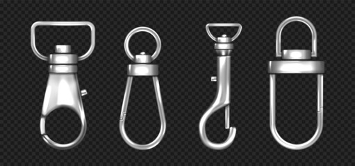Realistic set of metal carabiners, lobster clasps