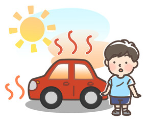 炎天下で暑くなっている車と子供