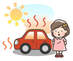 炎天下で暑くなっている車と子供