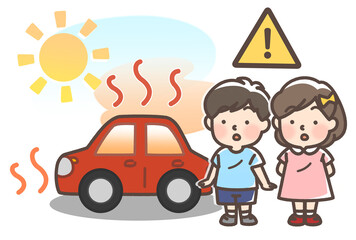 炎天下で暑くなっている車と子供