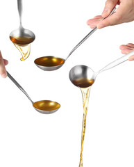 Dipper pouring noodle soup on white background, Soup for sukiyaki from chicken and fish