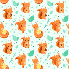 Fototapeta premium Cute seamless pattern for baby with squirrels. Funny animals in a cartoon design.