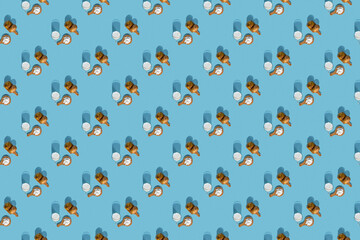 Powdered vegan milk potatoes. Top view of the blue background. Pattern