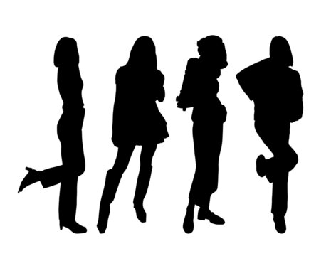 Silhouettes of four young flirty girls models posing in street style clothes. For printing and laser cutting. Vector illustration.