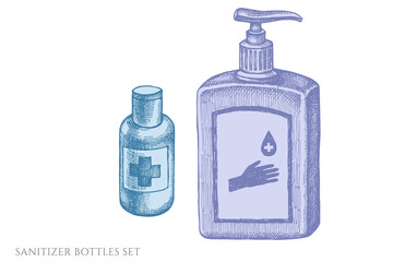 Vector set of hand drawn pastel sanitizer bottles