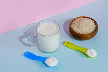 Powdered vegan milk. Rice milk close-up. Selective focus