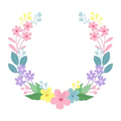 Wreath of colorful flowers on a white background with place for text. Vector illustration