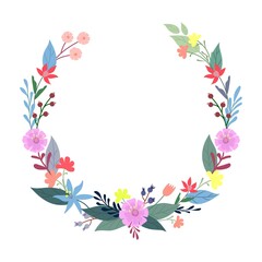 Fototapeta na wymiar Wreath of colorful flowers and plants on a white background with place for text. Vector illustration