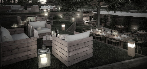 Garden Restaurant Project - panoramic black and white 3D visualizalation