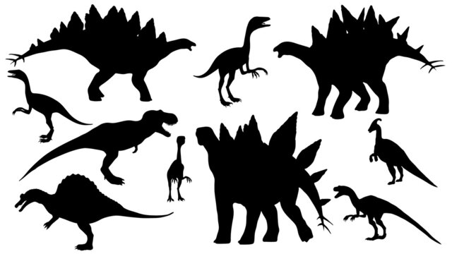 set of Black silhouette dinosaur isolated on white background