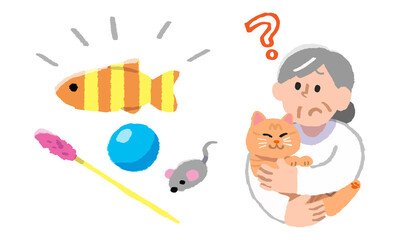 疑問を持ちながら飼い猫を抱っこするシニア女性と猫のおもちゃ