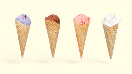 Various ice cream in waffle cone