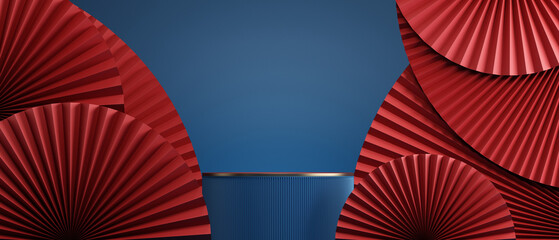 Minimal abstract background.chinese style red podium and pan with blue background for product presentation. 3d rendering illustration.