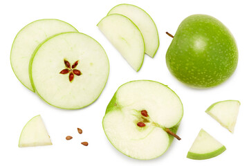 green apple with slices isolated on a white background. top view. clipping path