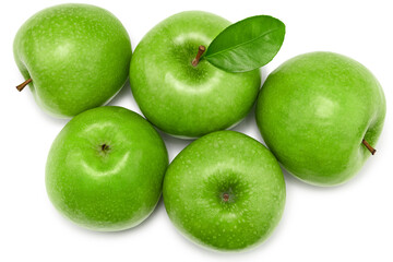 green apples with green leaf isolated on a white background. clipping path. top view