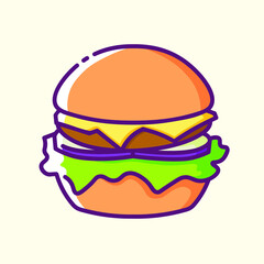 Delicious hamburger colored icon. Collection of signs in different food categories. Symbols for cafe and restaurant decoration. Vector stylish outline flat illustrations on yellow background.