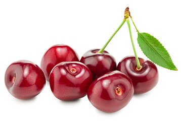 red cherry fruits with green leaf isolated on white background. clipping path