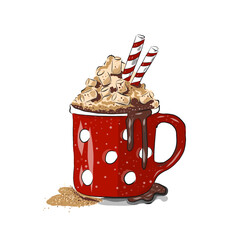 hot chocolate with marshmallows in a red mug with tubes