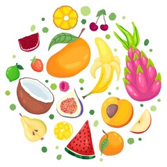 Hand drawn vector. Fruits in round frame. Isolated mango, banana,pineapple,strawberry,watermelon,peach,pear,pomergranate,lime,fig