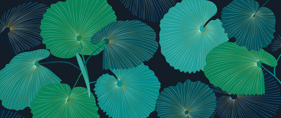 Green and Blue tropical palm leaves background vector. Gold and luxury leaves wallpaper design vector.