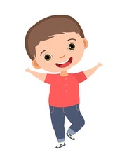 Child funny. Little boy. In red clothes. Kid jumps for joy. Charming active cute character. Cute kid. Face wobble smile. Cartoon style. Isolated on white background. Vector