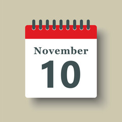 Icon day date 10 November, template calendar page