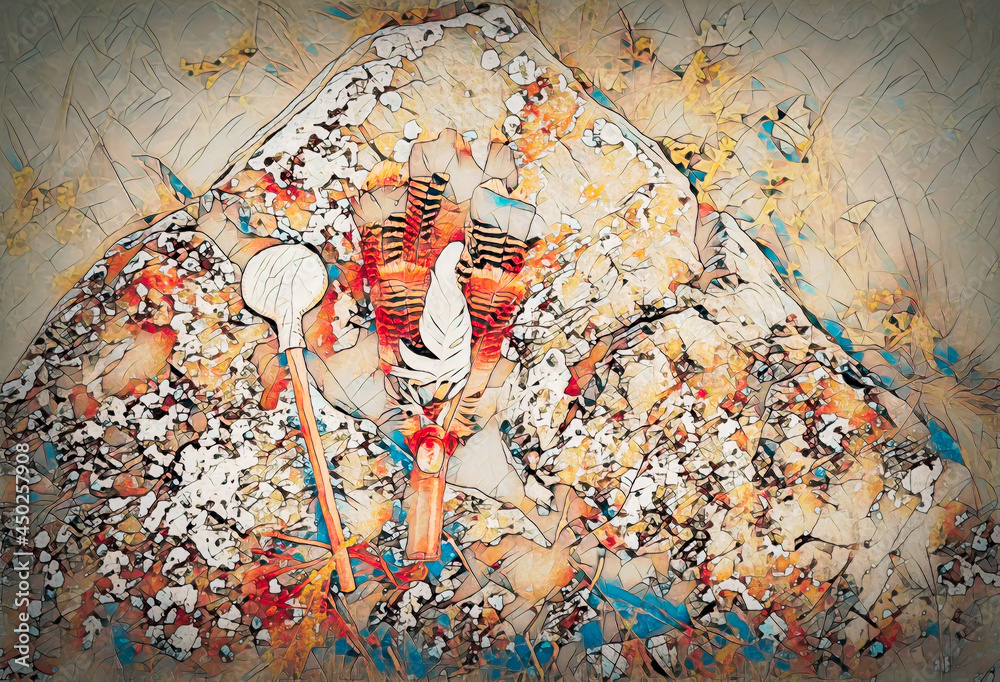 Poster shamanic rattle and shamanic feathers on denim in nature and mosaic structure.