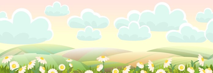 Obraz premium Flower chamomile meadow. Rural landscape with garden farmer hills and clouds. Cute funny cartoon design. Horizontally seamless illustration. Flat style. Vector