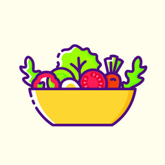 Salad as a symbol of healthy eating colored icon. Collection of signs in different food categories. Symbols for cafe and restaurant decoration. Vector stylish outline illustration on yellow background