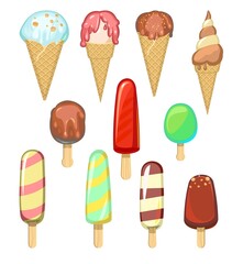 Ice cream set in a waffle cone, popsicle on a stick. Summer sweet dairy product. Milk, chocolate and fruit. Isolated on white background. Vector