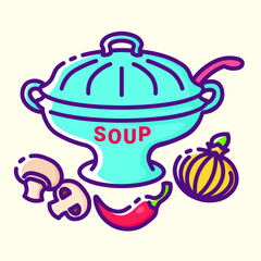 A soup tureen with vegetables colored icon. Symbol of hot dishes. Collection of signs in different food categories. Symbols for restaurant decoration. Vector outline illustration on yellow background.