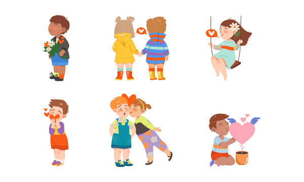 Little Boy and Girl Feeling Love and Affection Holding Hands and Kissing Vector Set
