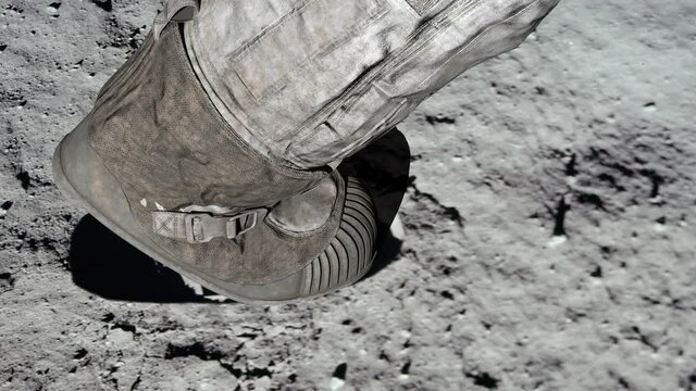 Lunar astronaut walking on the moon's surface and leaves a footprint in the lunar soil. 3d rendering. 