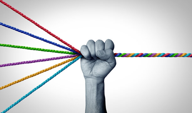 Management skills leadership as a leader organizing diverse ropes into one cohesive rope as a business concept for strategy and control.