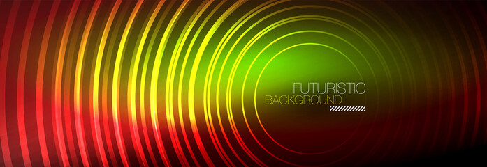 Dark abstract background with glowing neon circles. Trendy layout template for business or technology presentation, internet poster or web brochure cover, wallpaper