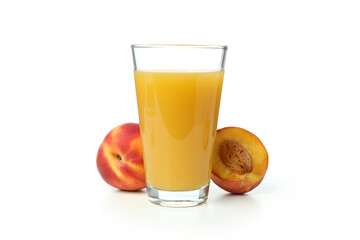 Glass of peach juice and ingredients isolated on white background