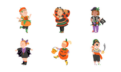 Funny Boy and Girl Dressed in Halloween Costume Vector Set